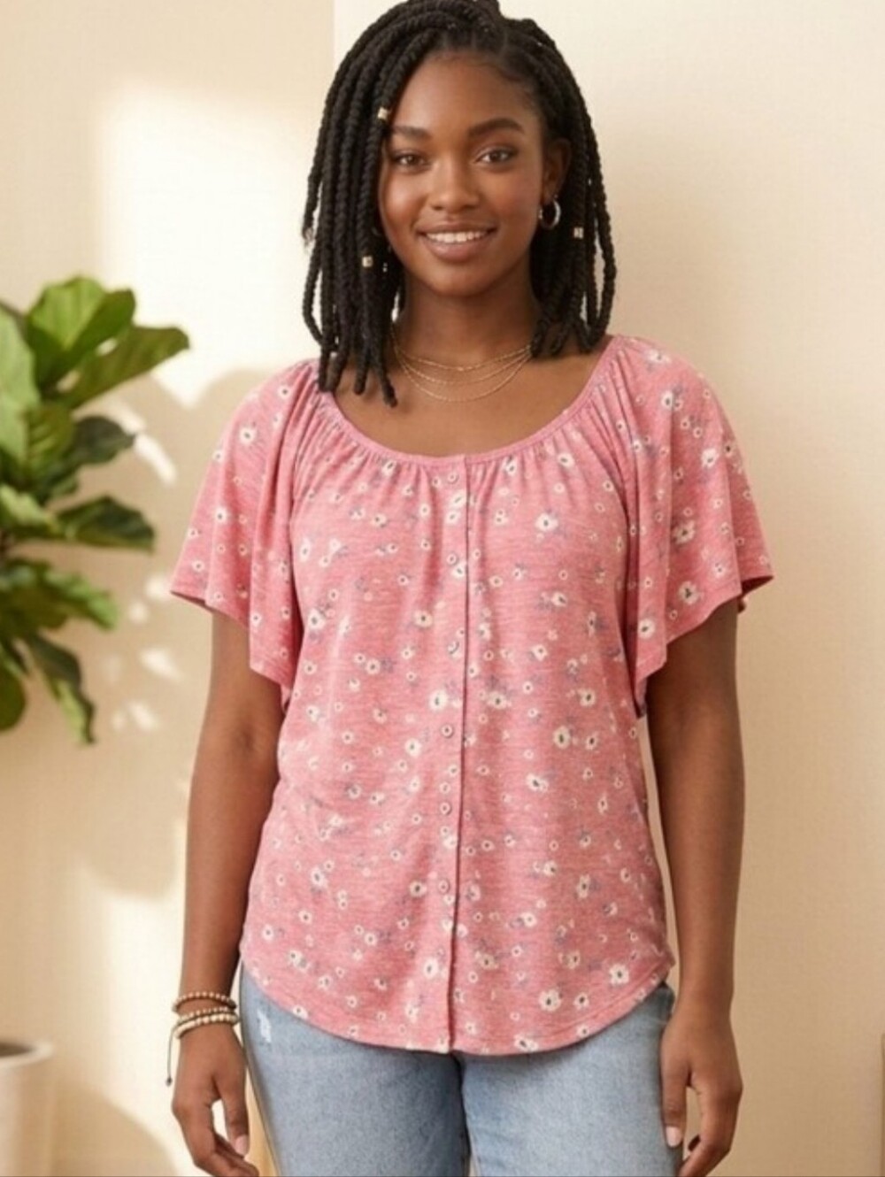 Democracy Pink Floral Flutter Sleeve Button Front Peasant Top Blouse Smal